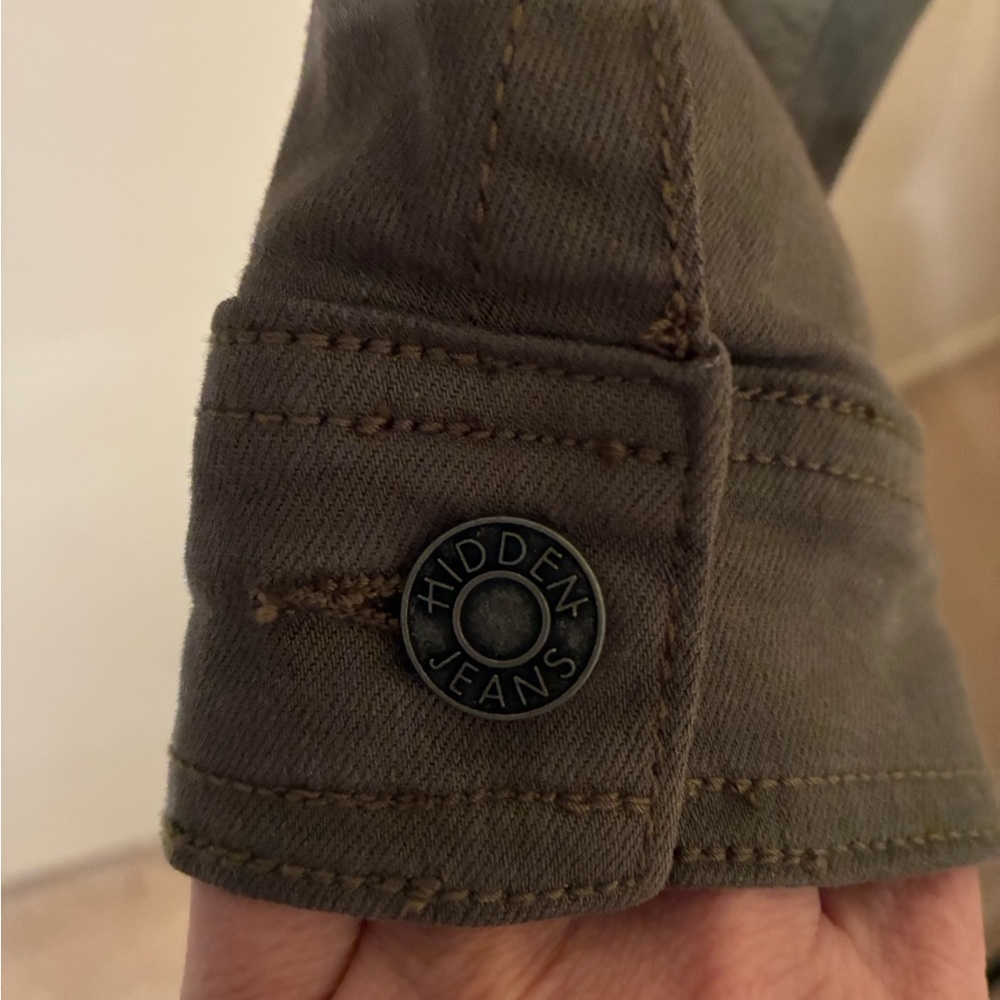 Hidden Cropped Denim Jacket Frayed Hem Olive Army Green Military EUC Small - Picture 4 of 10